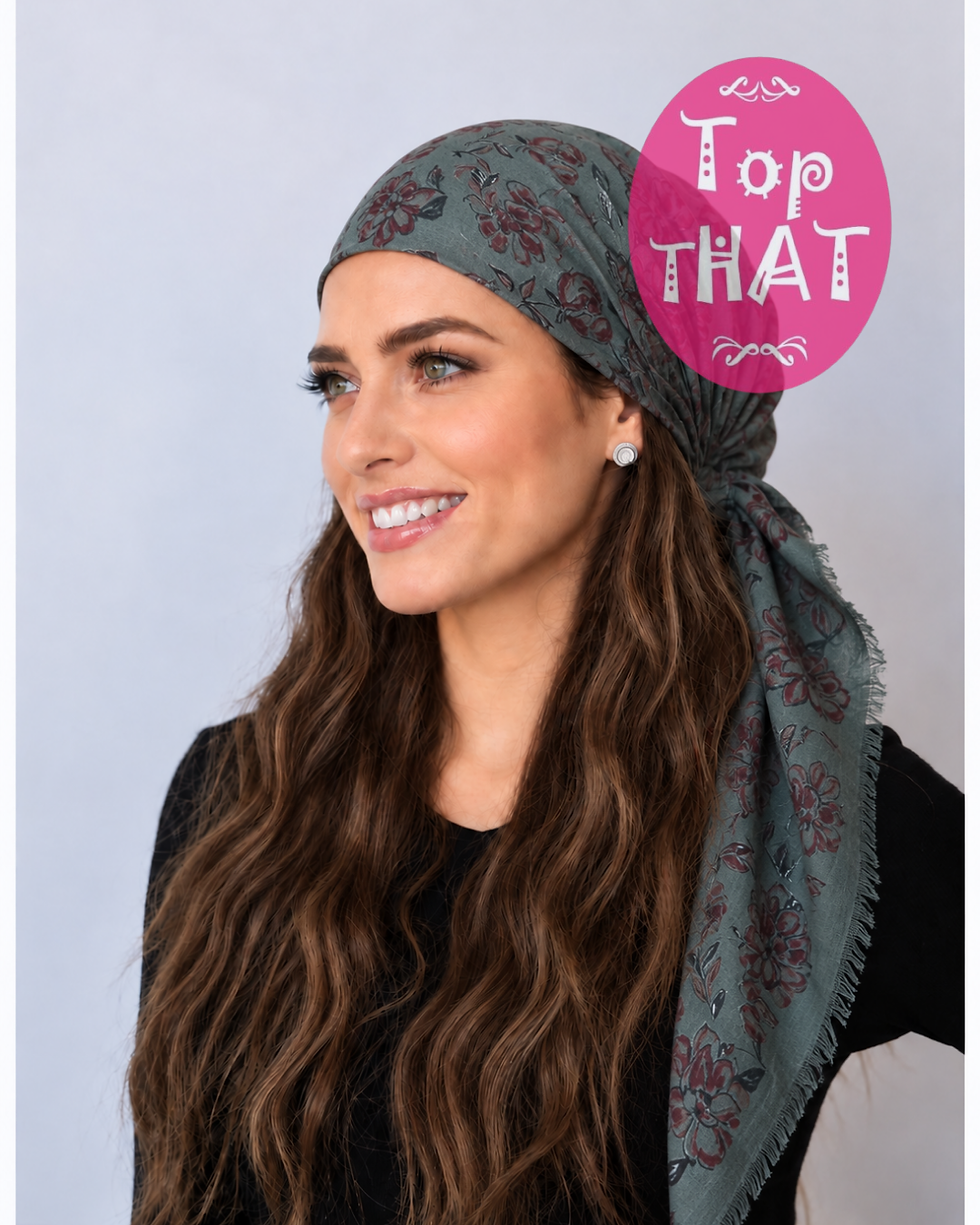 olive green floral pretied tichel nonslip headscarf with velvet grip
