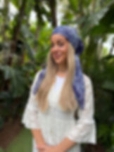 Paisley patchwork blue pretied tichel headscarf with flowing tails.