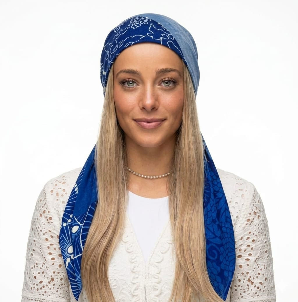 Europe Blues Pretied Headscarf | Non-Slip Tichel with Velvet Grip Band