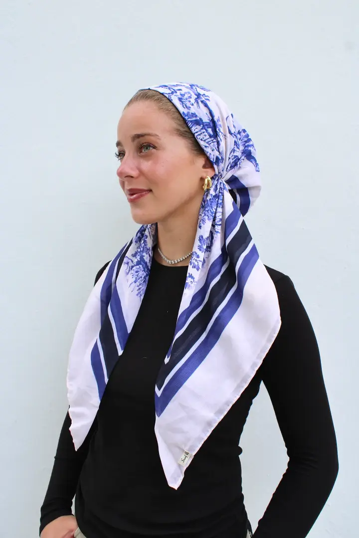 Navy Toile Pretied Tichel Headscarf