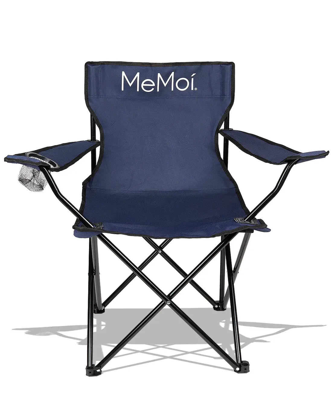 MeMoi foldable portable beach chair with cup holder, durable steel frame and blue weather-resistant fabric for camping