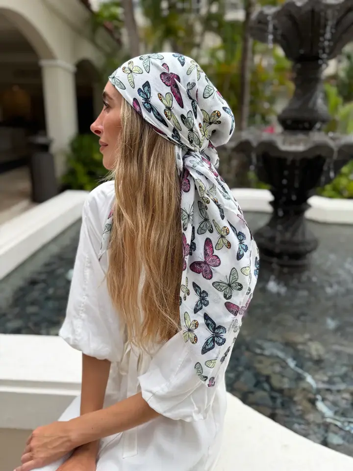 Butterfly Muse Pretied Tichel with built-in non-slip velvet grip band and colorful butterfly print