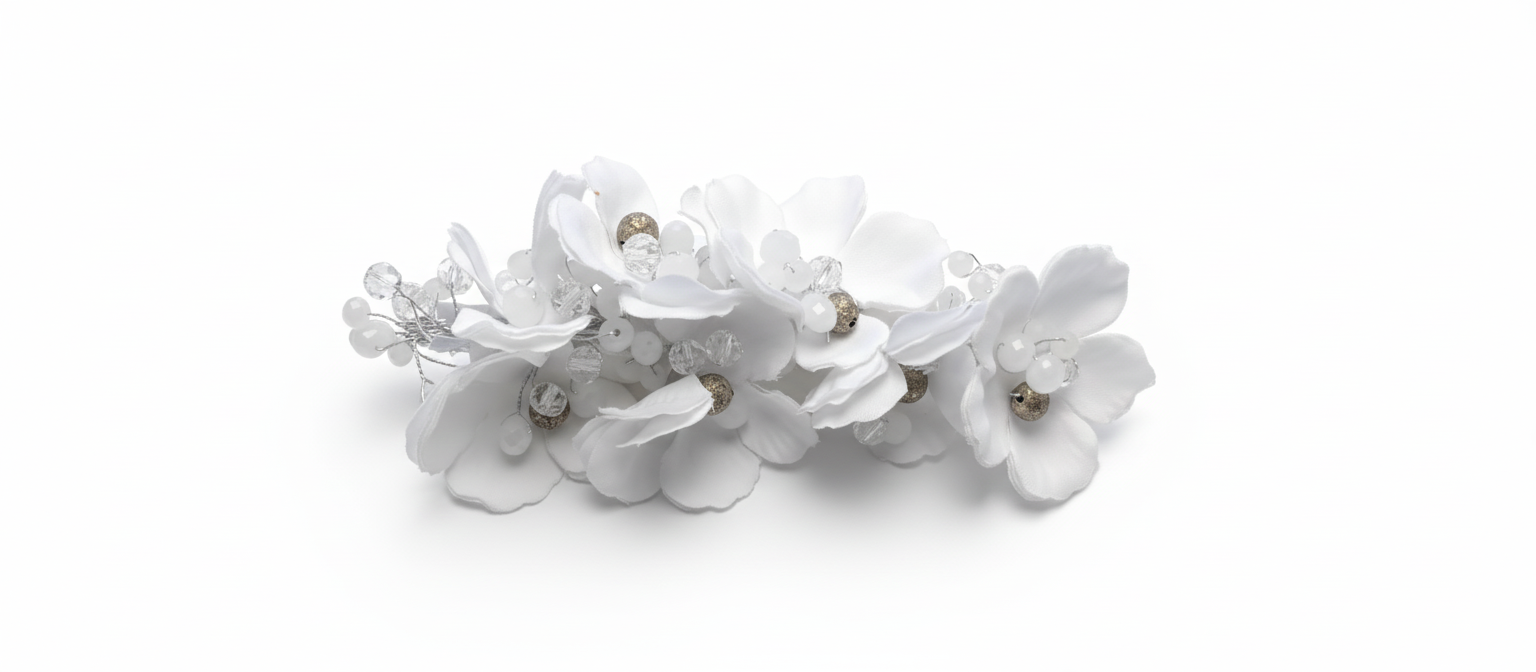 White floral baby headband with soft stretchy band and delicate bead-accented flowers for newborns and infants