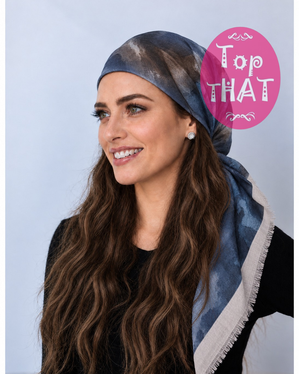 Santorini Pretied Tichel Headscarf with Non-Slip Velvet Grip Band and Adjustable Elastic Toggle