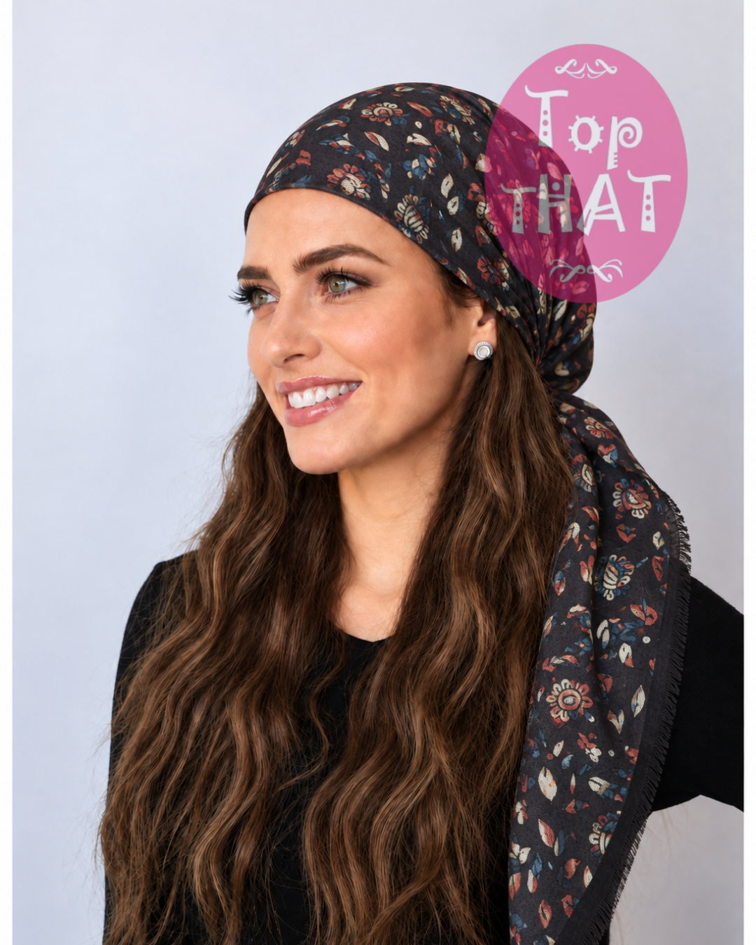 Brown autumn paisley pretied tichel headscarf with built-in non-slip velvet grip band in rust, blue and golden beige print