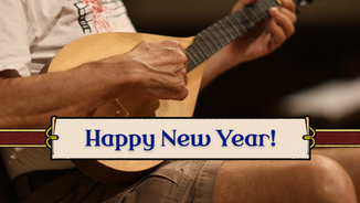 A musician playing luth, with an "Happy New Year" banner from Artifice Studio.