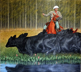 "Brangus cruzando el arroyo".

Óleo sobre lienzo, 125 x 150 cm, 2016