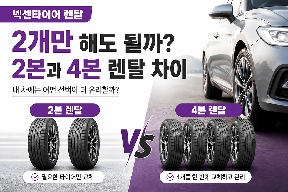 넥센타이어 렌탈 2본과 4본 차이를 비교한 이미지. 2본 렌탈은 필요한 타이어만 교체하고, 4본 렌탈은 타이어 4개를 한 번에 교체해 관리하는 내용을 안내합니다.