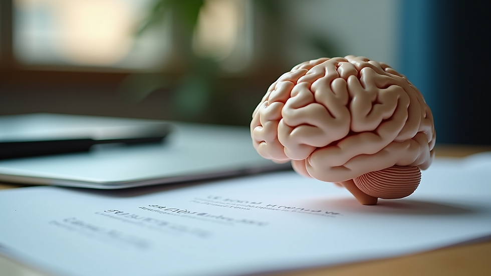 Close-up view of a brain model on a desk with coaching notes