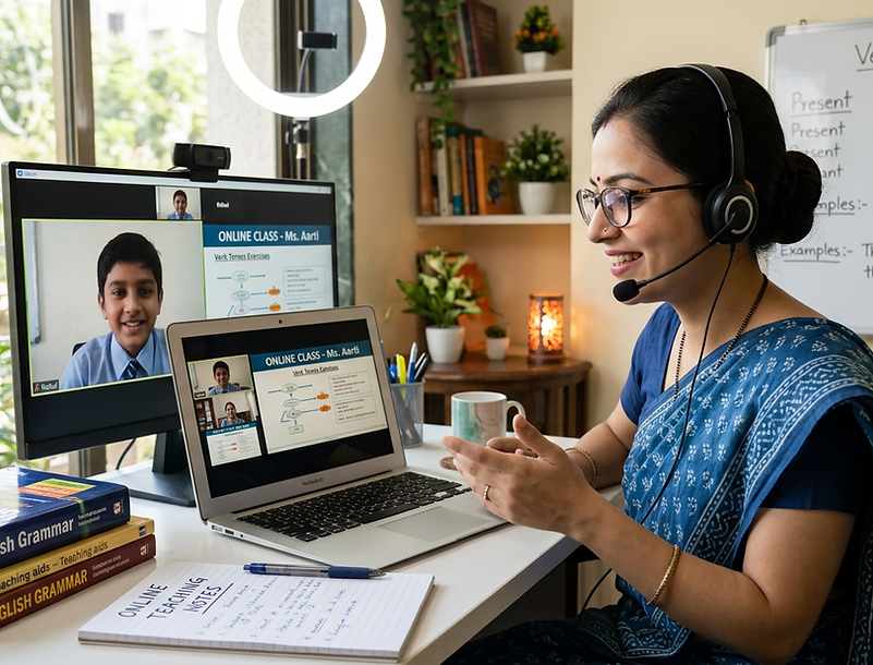 Firefly_Gemini Flash_ give me an image of an indian teacher teaching online a student in h