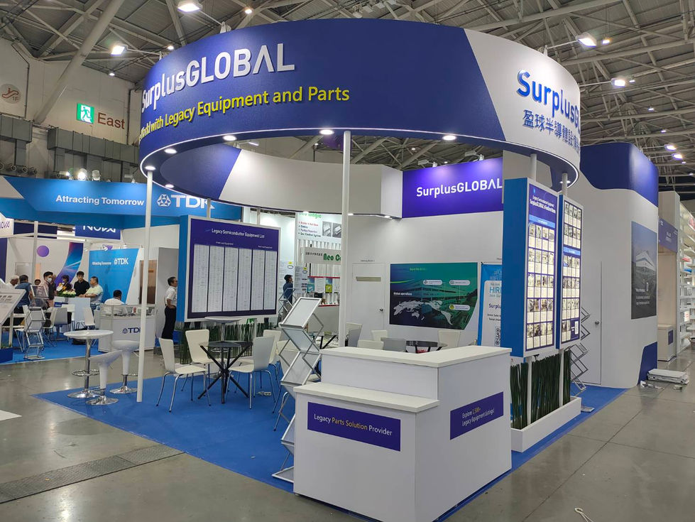 Surplus GLOBAL 攤位入口視角,品牌燈箱與展示櫃結合
