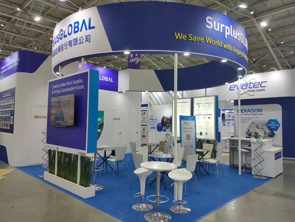Surplus GLOBAL 展位內部洽談區,採藍白主視覺呈現國際企業形象
