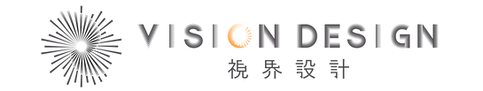 視界設計 Vision Design 方形版品牌標誌,放射狀光芒圖騰置中放大、中心若影若現象徵黑洞瞳孔與吸引力,下方「VISION DESIGN」字標的「O」以橙色光環點題事件視界,傳達展覽設計品牌專業聚焦的視覺力量。