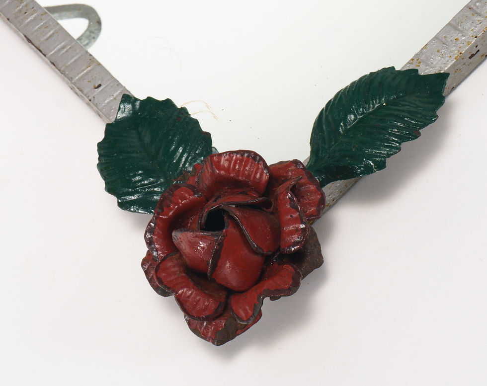 Thumbnail: 1930s French Wrought Iron Coat-Rack Hall Mirror with Painted Rose Decoration
