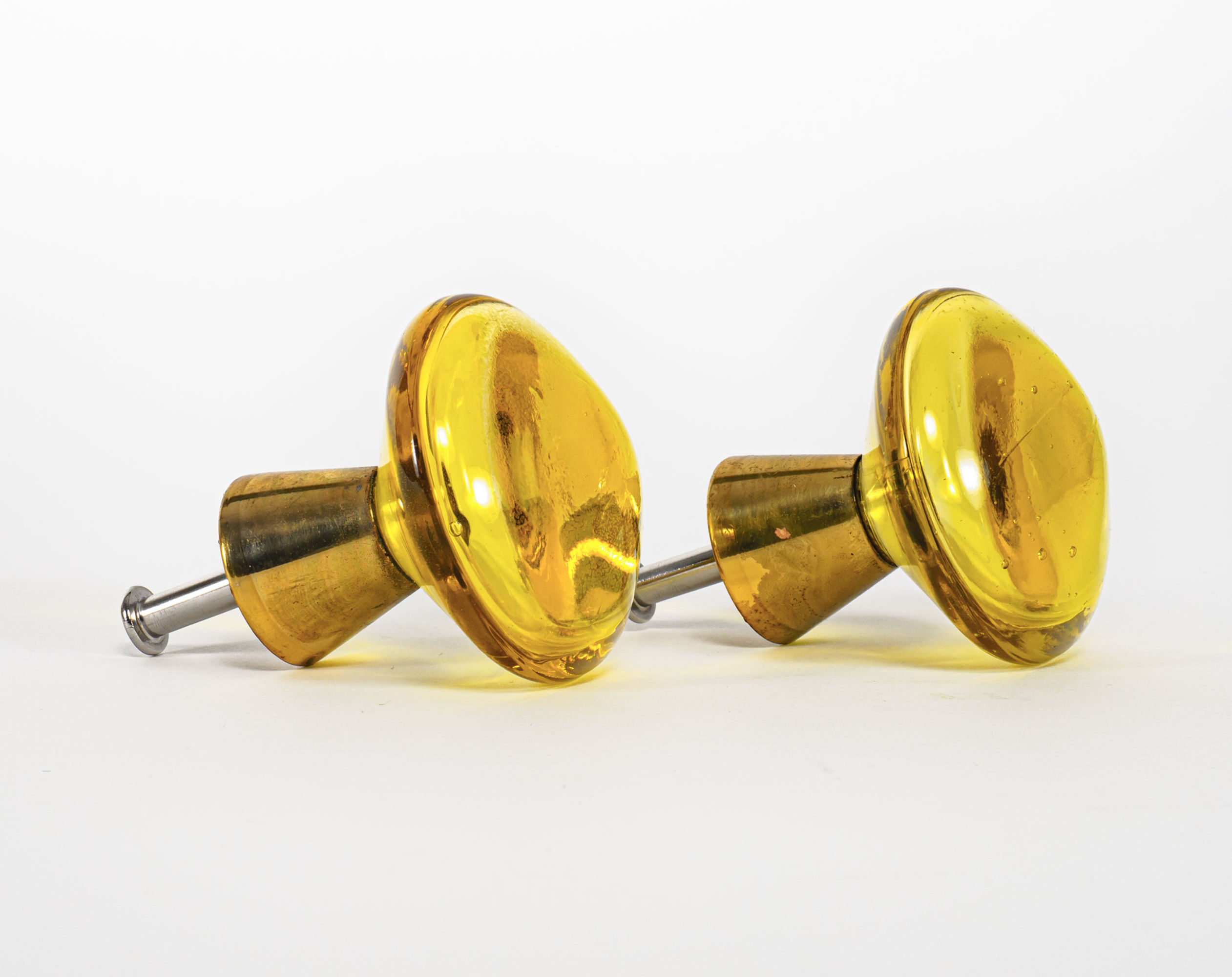 Pair Vintage 1960s Lindshammar Swedish Yellow Glass & Brass Cupboard Door Knobs