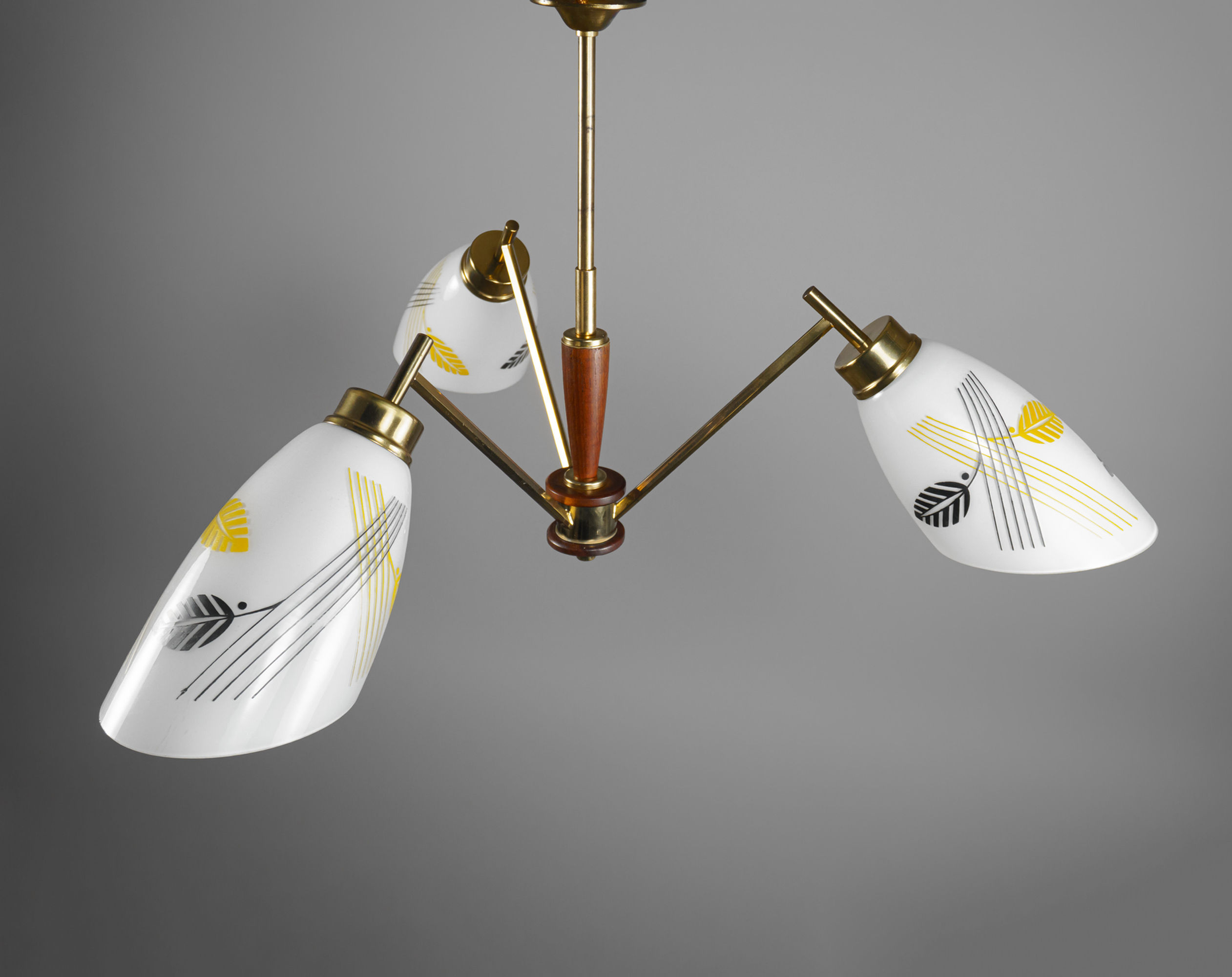 Vintage 1950s Mid-Century French Glass, Brass & Teak 3-Arm Chandelier