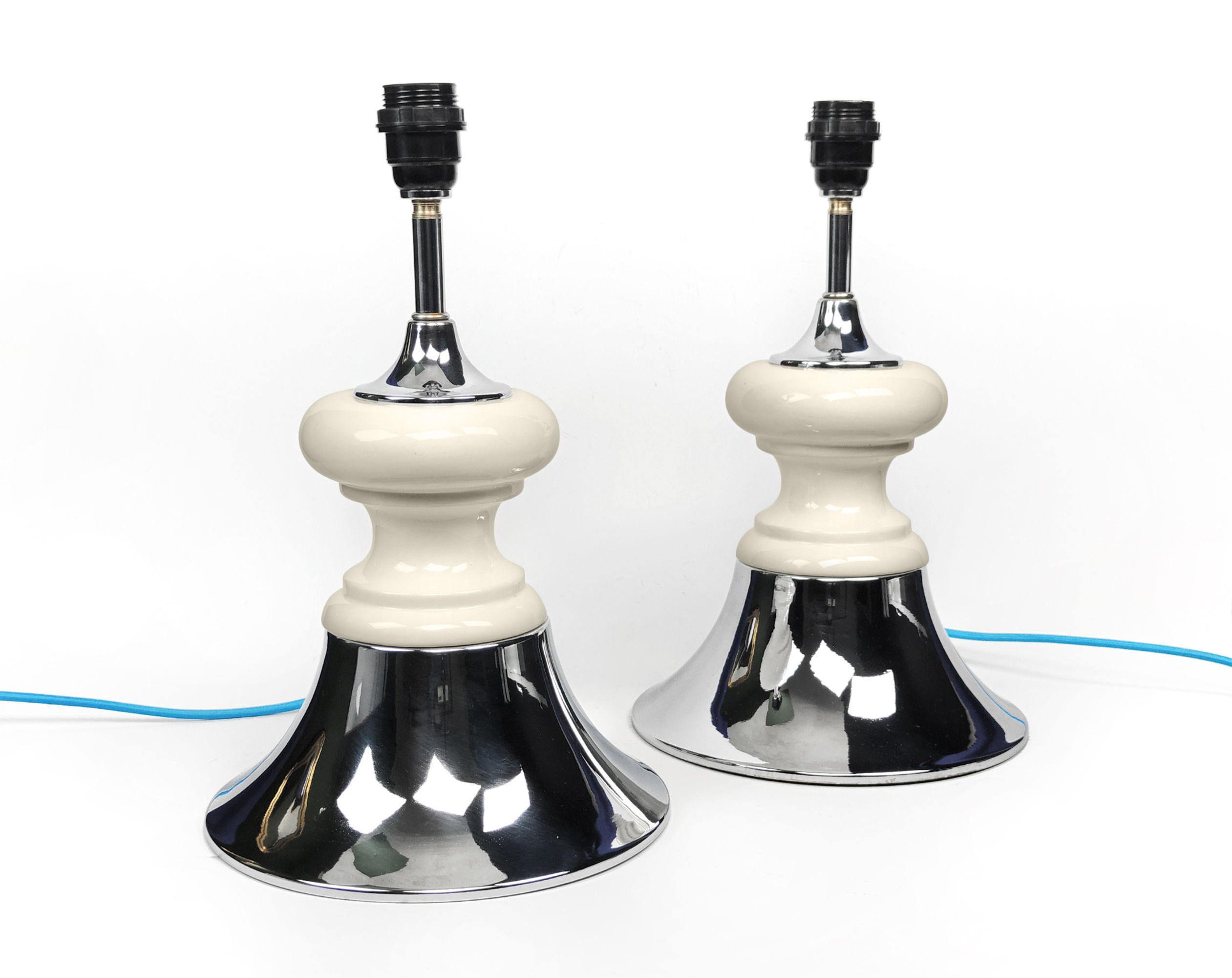 Pair Of Large Italian Mid-Century Chrome & Ceramic Table Lamps