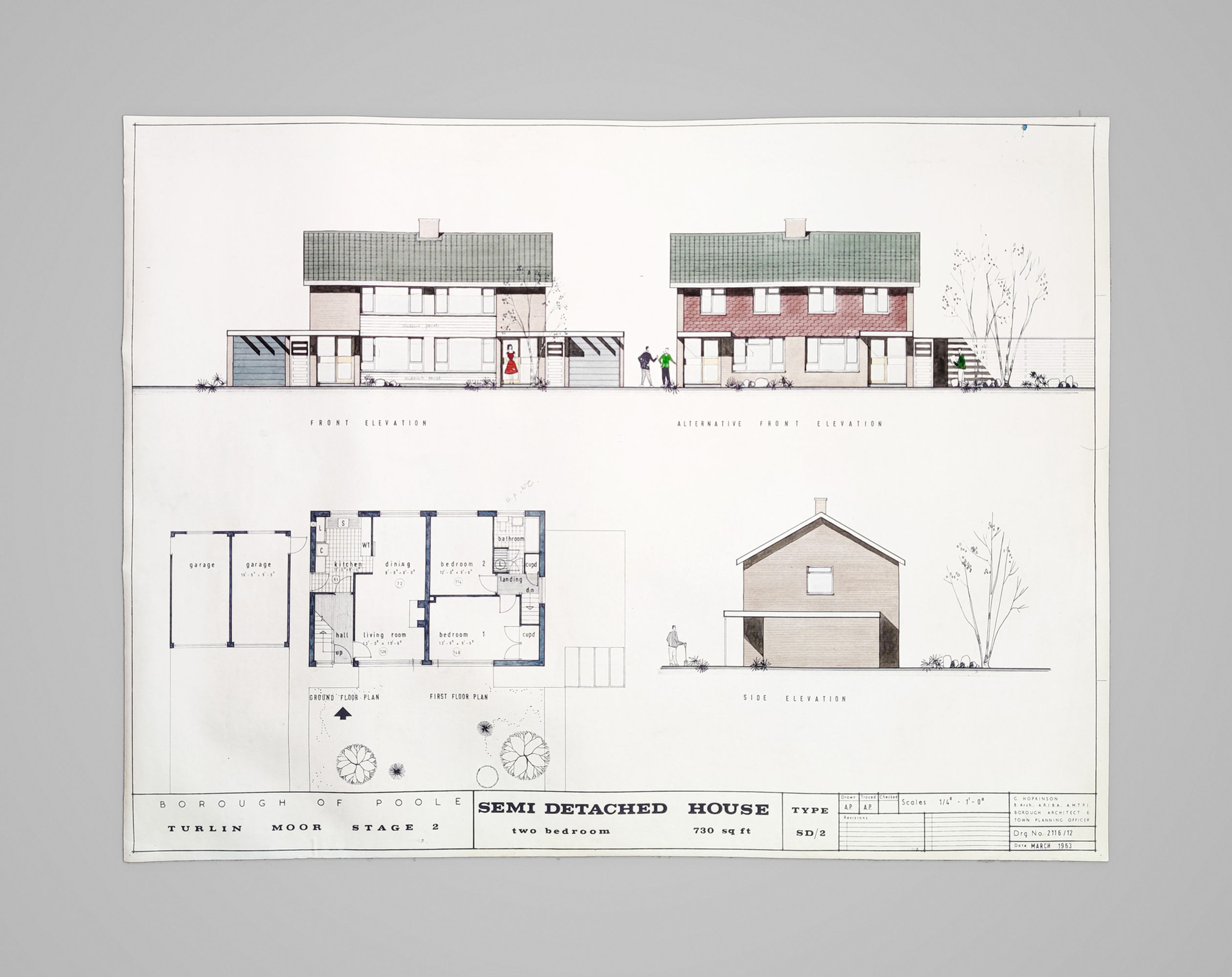 1960s British Semi-Detached House Elevation Hand-Coloured Architectural Drawing