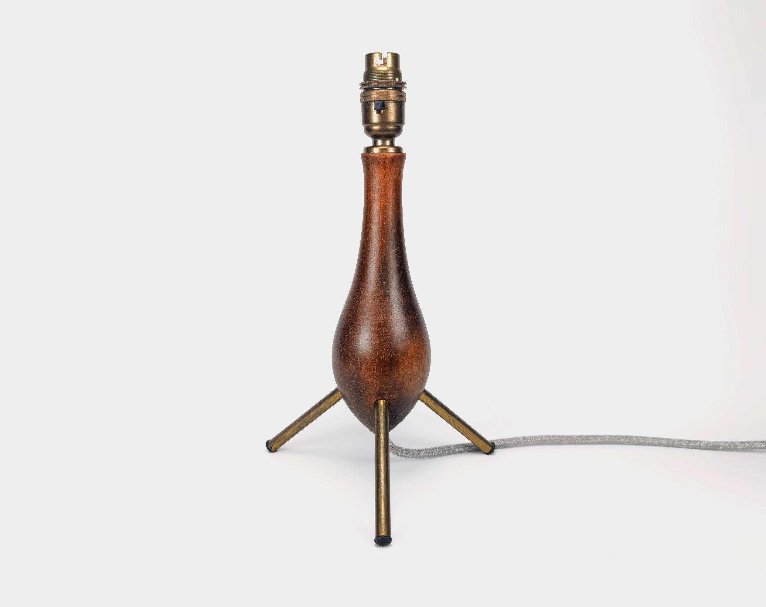 Vintage 1950s British Midcentury Atomic Teak & Brass Tripod Table Lamp