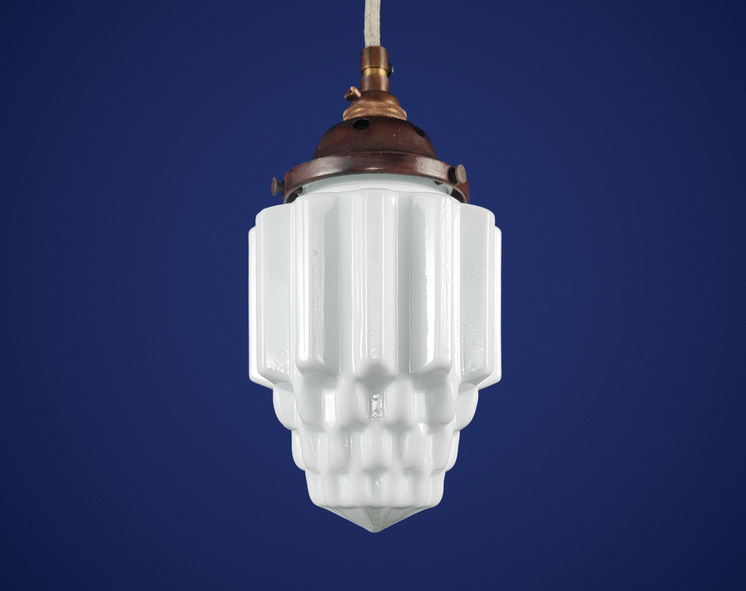 Original 1930s English Art Deco Stepped ‘Skyscraper’ Opaline Glass Pendant Lamp