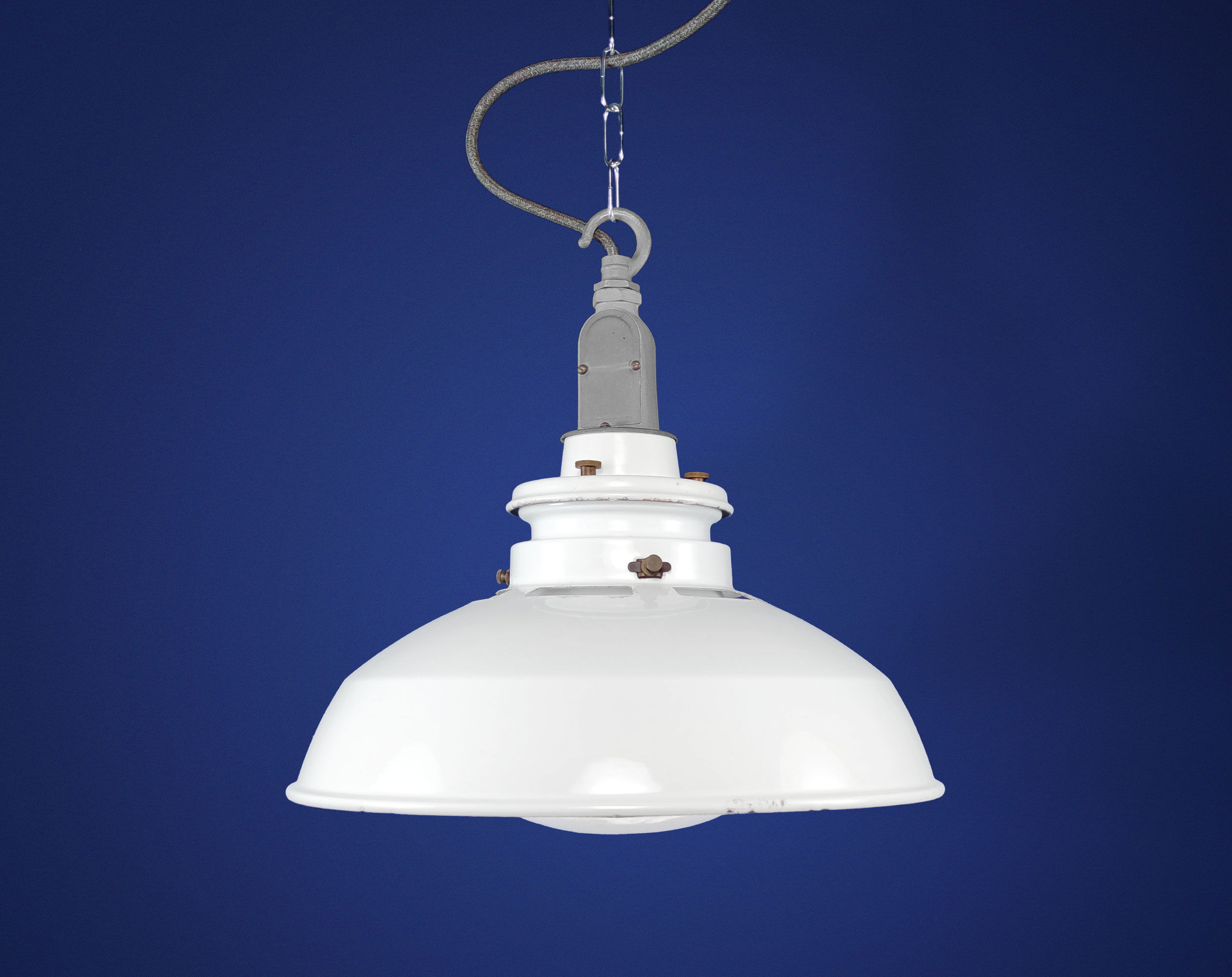1950s Thorlux White Enamel & Opaline Glass Industrial Pendant Lamp