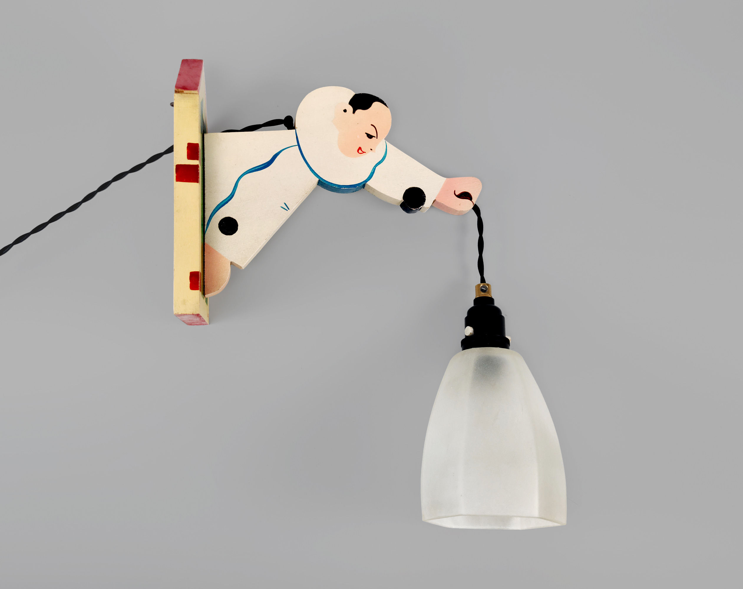 Art Deco French Hand-Painted Wooden Pierrot Wall Lamp - Signed 'Lecocq