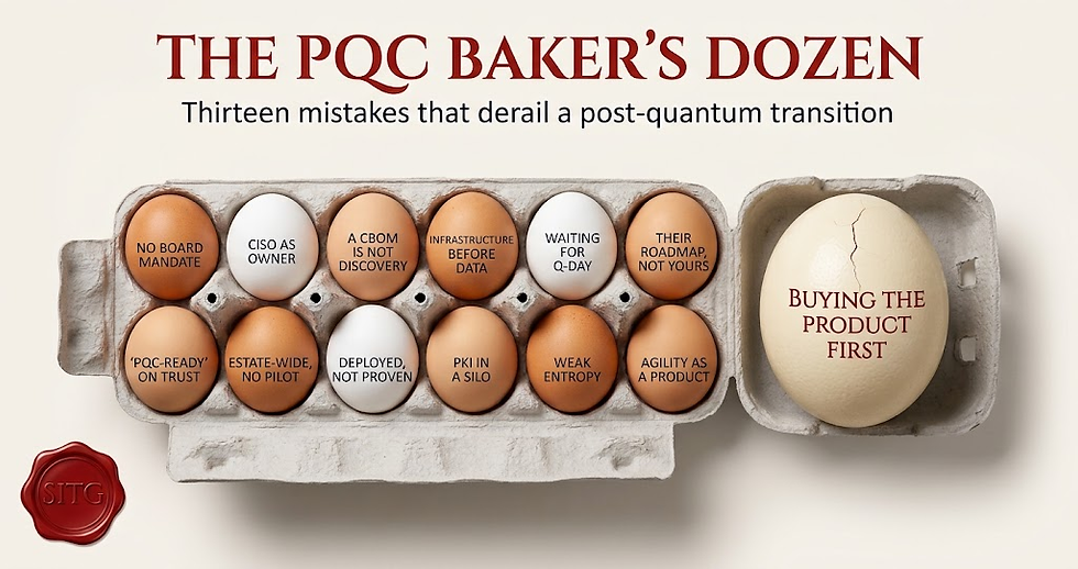Egg box of twelve eggs etched with PQC migration mistakes, and a cracked ostrich egg reading Buying the Product First.