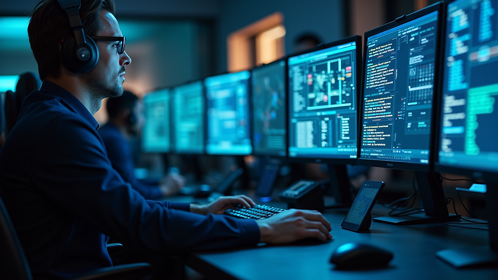 Close-up view of a cybersecurity operations centre with multiple monitors