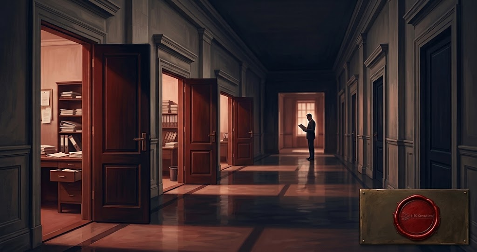 Three open doors in a corridor with a silhouette of a man at the end of the corridor