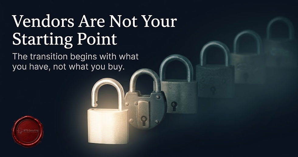 Line of padlocks receding into shadow with the foreground padlock open and illuminated, representing cryptographic discovery before vendor selection