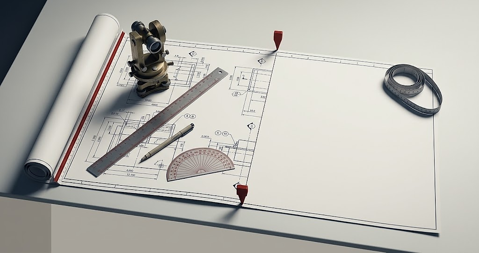 An isometric view of a detailed engineering blueprint of machine parts, pinned to a workspace with red tacks. A vintage theodolite, steel rules, and other instruments are arranged on the paper, which shows a clear divide between complex drawings and a large blank planning space.