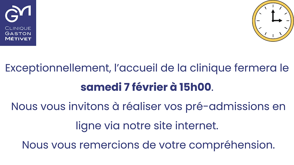 Exceptionnellement, l’accueil de la clinique fermera aujourd’hui à 15h00. Nous vous invito