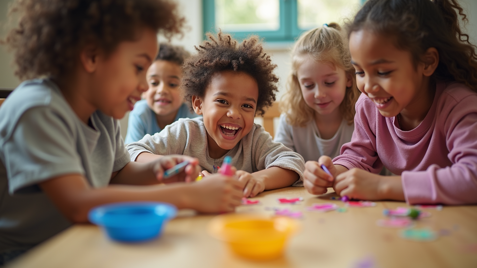 Eye-level view of a diverse group of children engaged in a fun craft activity at Haven Church