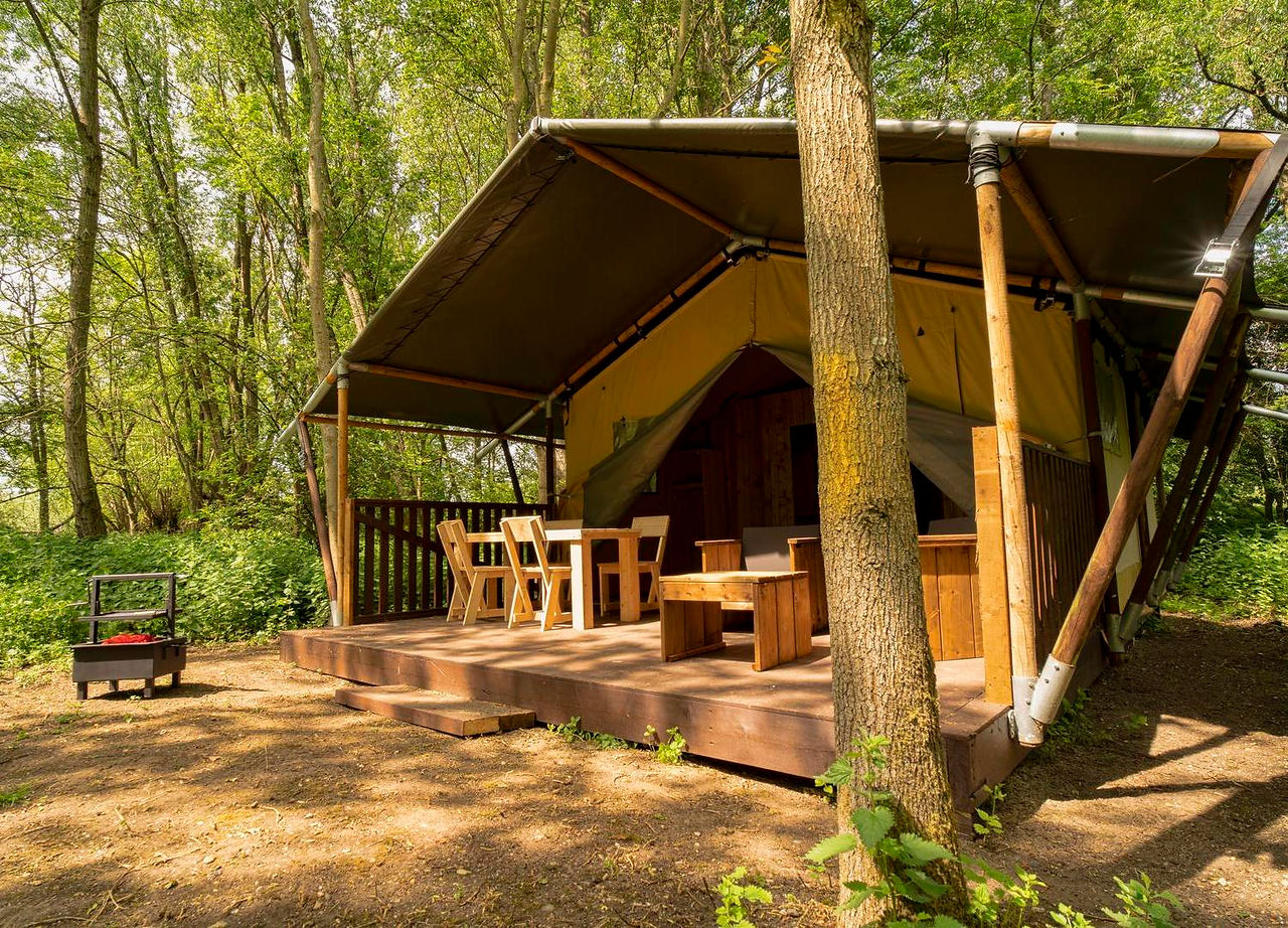 Sand coloured pre-pitched safari tent in woodland glade at Lee Valley Almost Wild Campsite