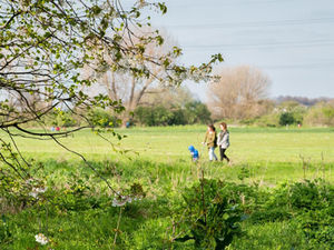 Two people with a child walking on the grassland of Walthamstow Marshes
