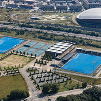 Aerial view of the two hockey pitches, building and grounds at Lee Valley Hockey and Tennis Centre