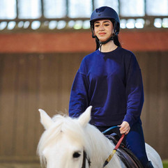 Person riding a while horse in the indoor menage at Lee Valley Riding Centre