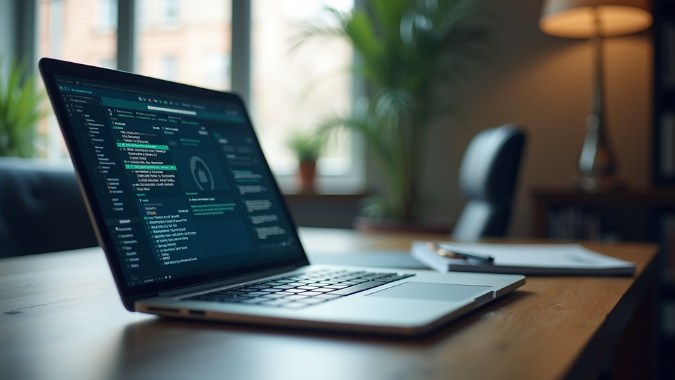 Eye-level view of a small business office with a laptop displaying security software