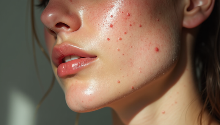 Close-up view of skin showing acne scars on the cheek