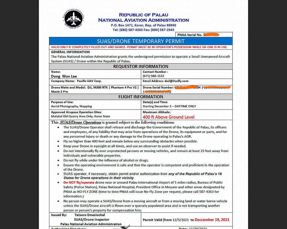 2cofly receives a temporary drone permit for commercial drone activity in Palau