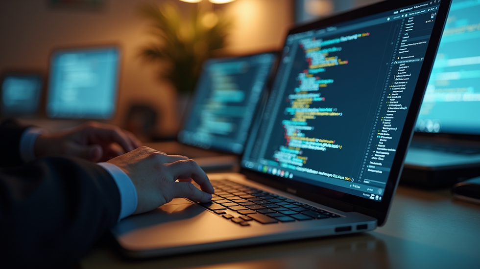 Eye-level view of a developer writing code on a laptop with clear project goals on screen