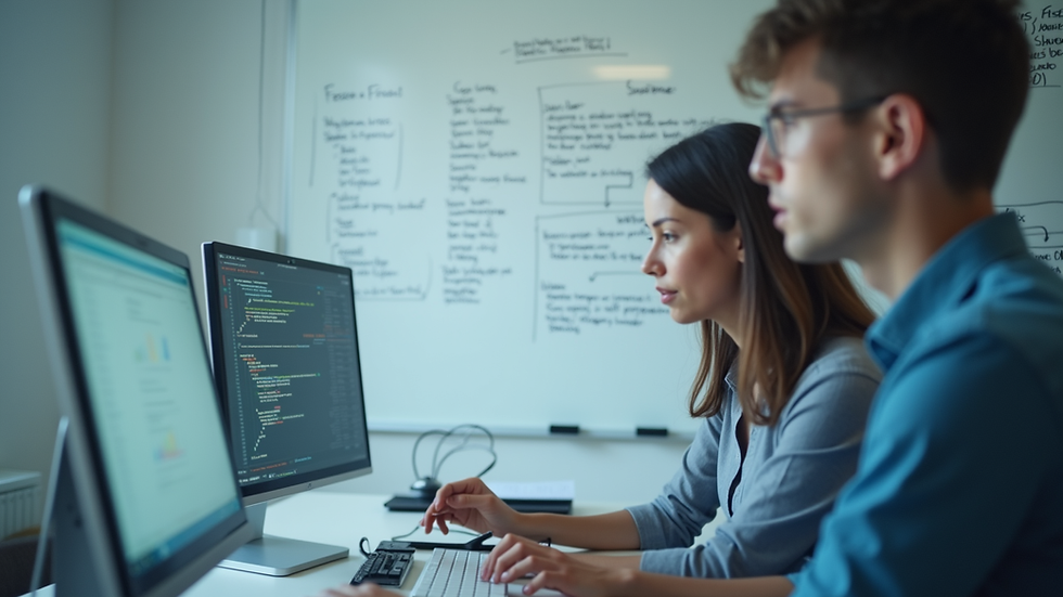 Eye-level view of a developer working on code with intent-driven engineering diagrams on a whiteboard