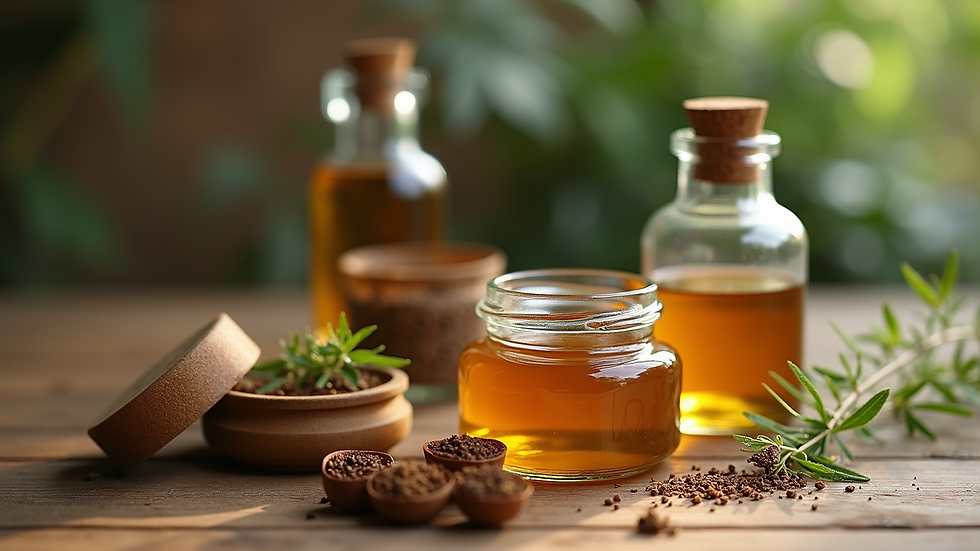 Eye-level view of herbal salves and tinctures on a wooden table