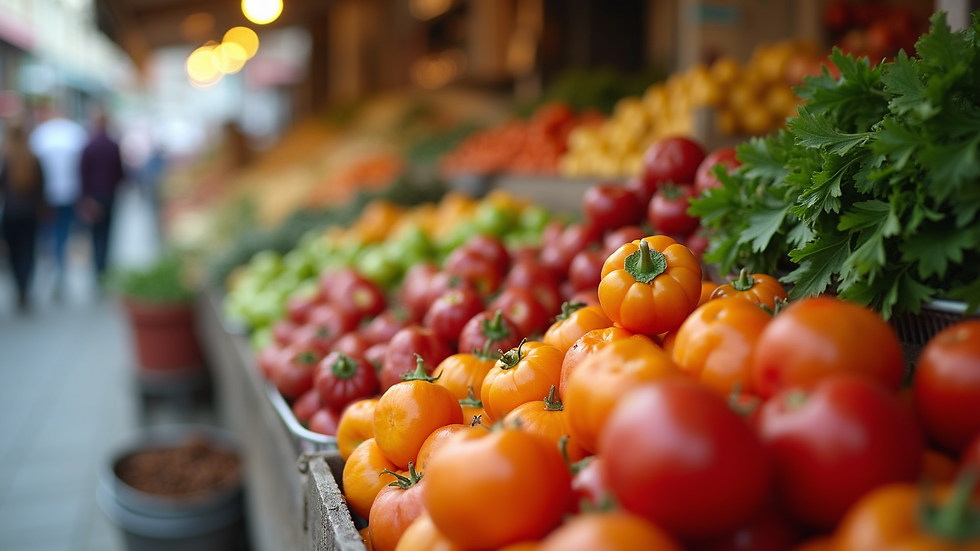 Close-up view of a vibrant local market with fresh produce