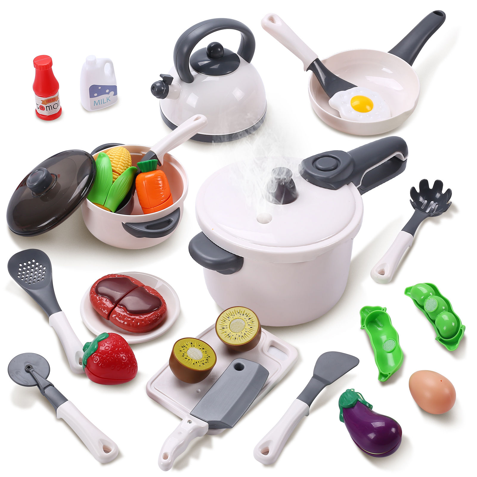 Cute Stone おままごとセット リアル噴霧 圧力鍋付き ままごと キッチン おもちゃ 27点 調理器具 食材セット 知育玩具 ごっこ遊び 子供 誕生日プ