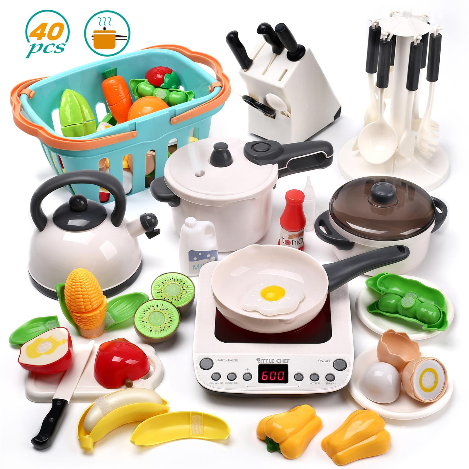【おままごと 調理セット】リアルな調理器具、食材を切ることで、料理人ごっこに夢中しよう!セット内容:圧力鍋*1 お鍋*1 フライパン*1 ケットル*1 調理器具