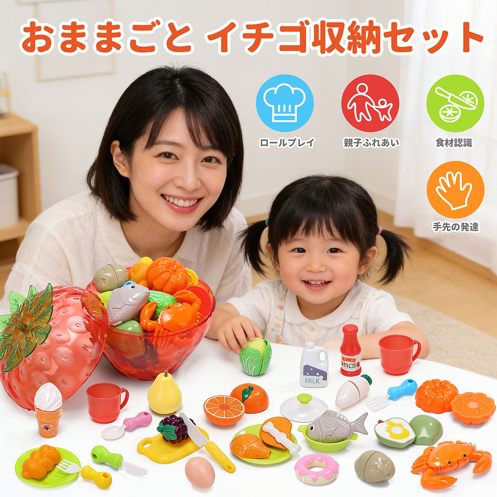 サムネイル： おままごとセット Cute Stone おもちゃ 53点セット イチゴデザイン お収納ボックス付き  エプロン 袖カバー 海鮮 野菜 