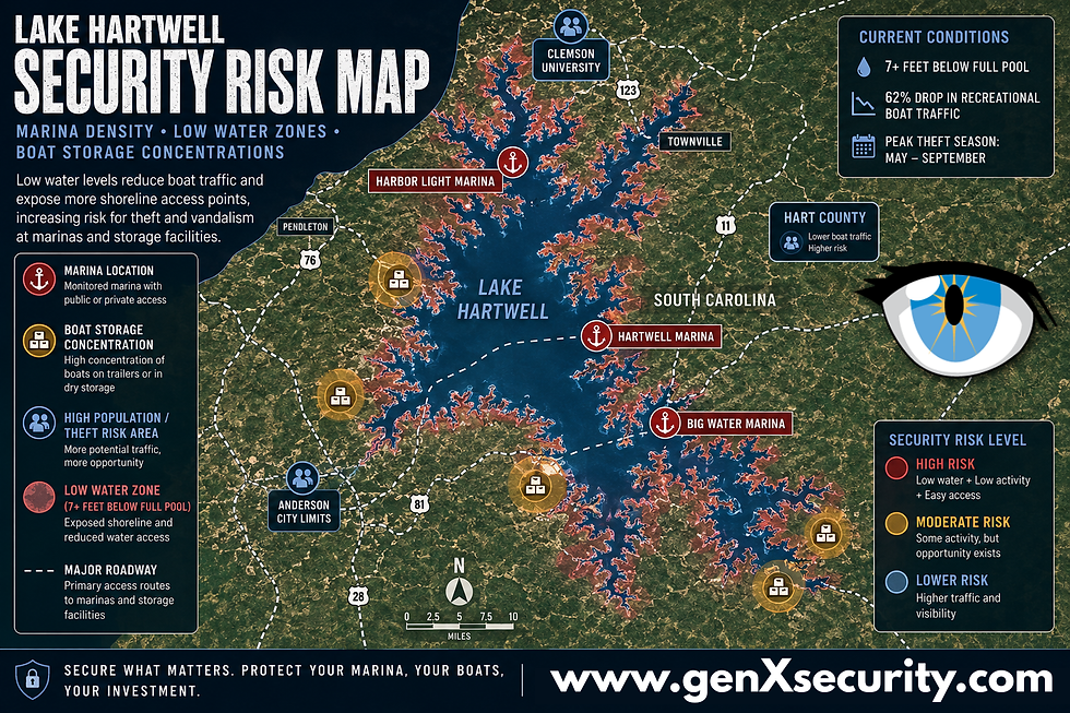 Lake Hartwell security risk map illustrating how low lake levels affect marina security, boat storage facilities, dock access, and theft exposure around Lake Hartwell in South Carolina and Georgia. The map identifies major marinas, shoreline access points, high-risk storage areas, and reduced-traffic zones. GenX Security Solutions specializes in AI-powered video surveillance, marina security cameras, license plate recognition, access control systems, and waterfront security technology for marinas, boatyards, and commercial properties throughout the Southeast.