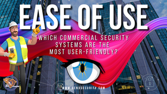 Low voltage technician points at "EASE OF USE" text. Colorful wave, eye graphic over skyscraper background. genxsecurity.com at bottom.