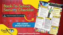 Back-To-School Security Checklist image with red lockers, checklist sheet, and GenX Security Solutions logo. Text: Free Printable Download for School Administrators.